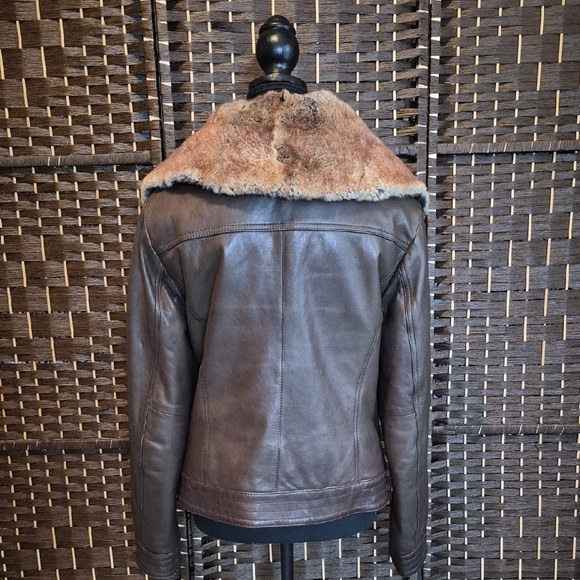 Geox Dark Brown Leather Jacket with  Fur Trim - Picture 3 of 12